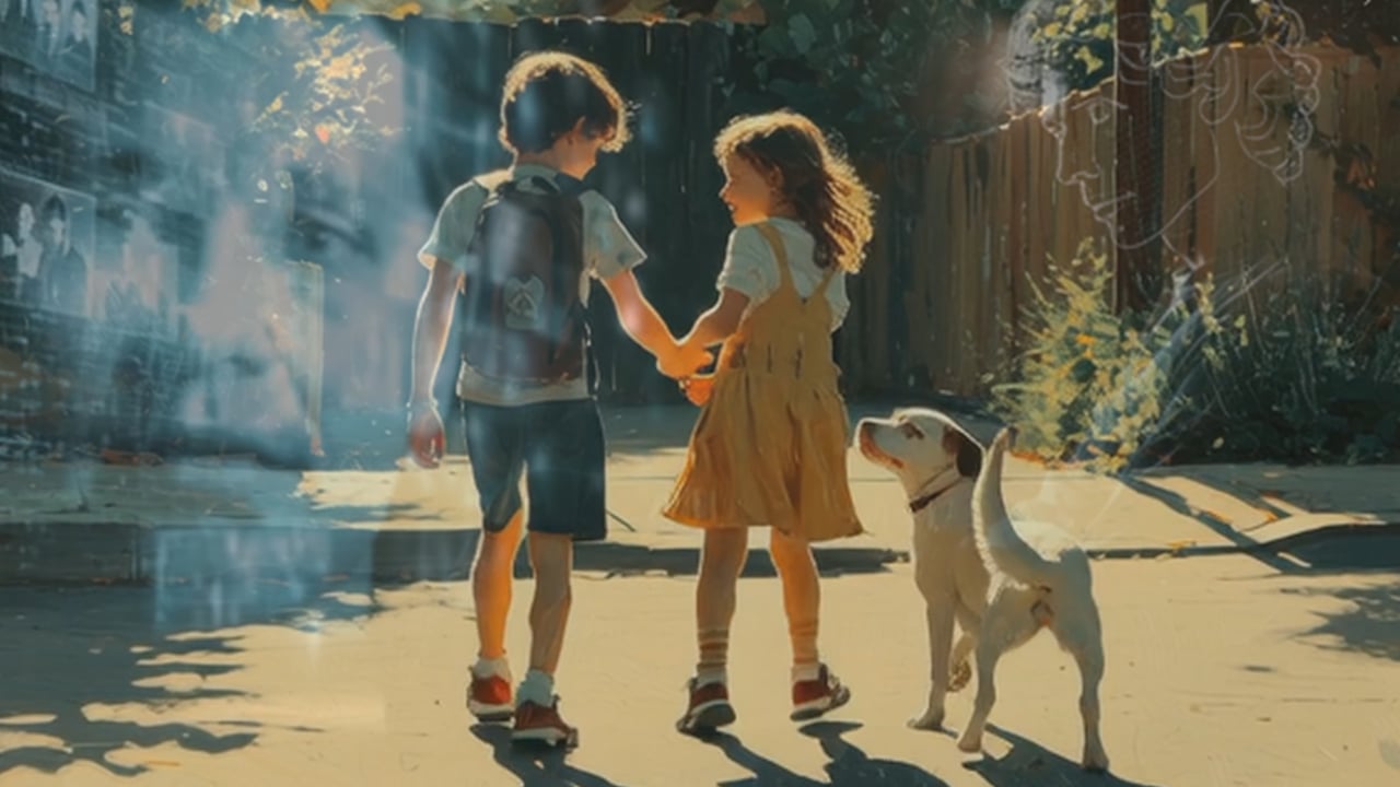 Two children and a dog in Synthetic Childhood, an AI-assisted short film
