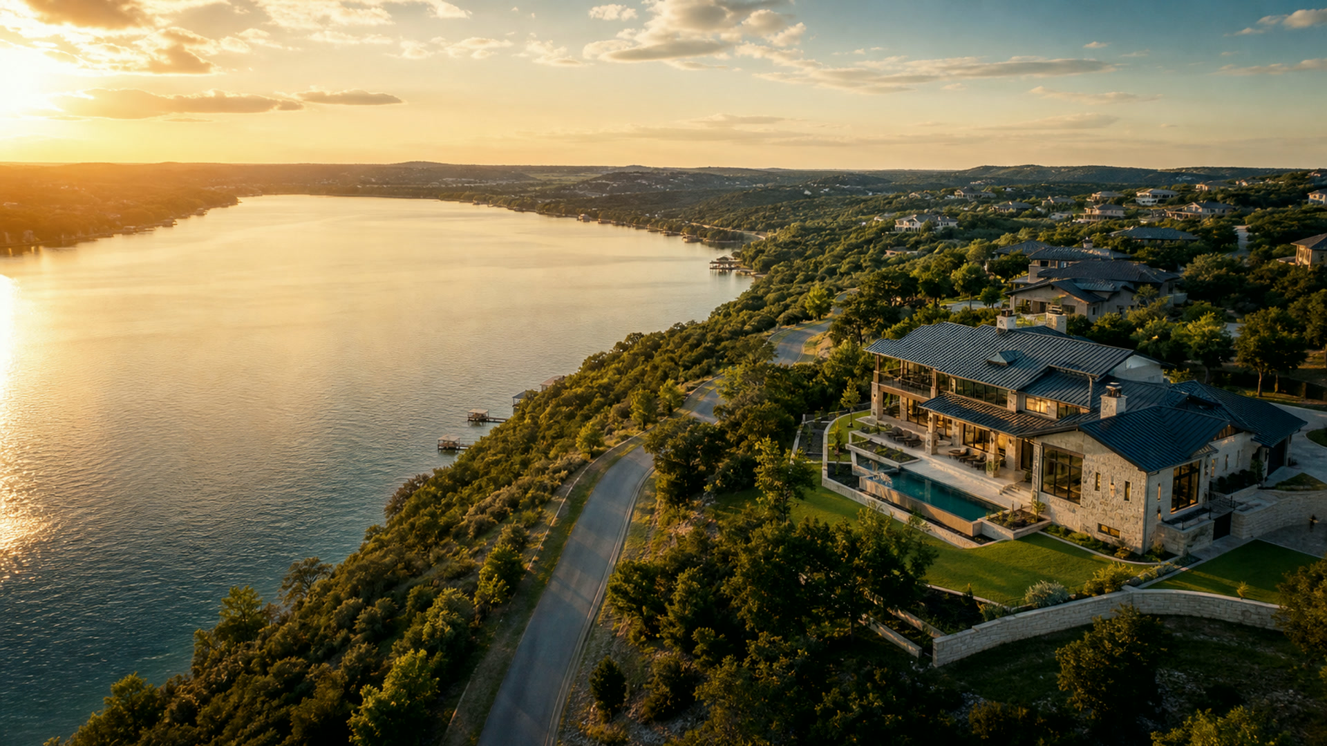 Golden-hour waterfront property imagery from the FlightBond Media website